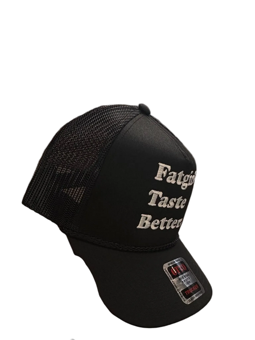 Black cap with 'Fatigue Taste Better' text on a white background